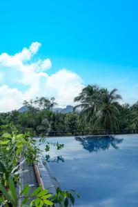 a swimming pool with palm trees in the background at Covanro Sigiriya - Brand New Luxury Hotel in Sigiriya