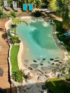 una vista aérea de una piscina con palmeras y sillas en Appt Cosy résidence Palmareda, en Tarbes