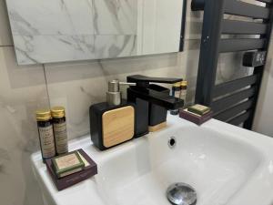 a bathroom sink with a soap dispenser on it at Magnifique Appartement - Mairie 18ème in Paris