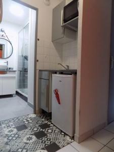 a small kitchen with a refrigerator and a sink at studio nimes costieres loggia parking in Nîmes
