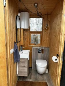 uma casa de banho com um lavatório, um WC e uma janela. em Aurora Dome on the South Coast em Hvolsvöllur