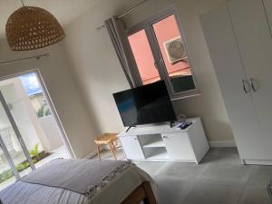 ein Schlafzimmer mit einem Bett und einem TV auf einem weißen Schrank in der Unterkunft ELOMY VILLA in Albion