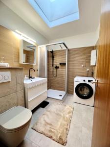 a bathroom with a toilet a sink and a washing machine at Wohnen im Schwarzwald mit Panoramablick in Bad Herrenalb