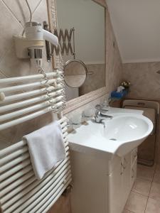 een badkamer met een wastafel en een spiegel bij Pátria Panzió in Eger
