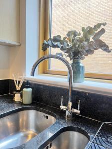 a kitchen sink with a vase with a plant in a window at Spacious Mews Apartment, Clapham in London