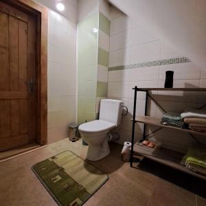 a bathroom with a toilet and a door and a rug at Drevenica Emma in Oravská Polhora +21 photos