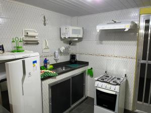 a small kitchen with a sink and a stove at Anjos Dourados Apartment in Mangaratiba