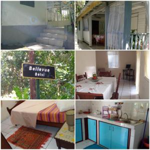 eine Collage mit Fotos eines Hauses mit einem Bett und einem Tisch in der Unterkunft La Creoline 01 in Pointe-Noire