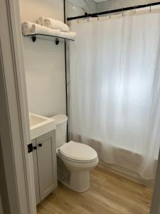W łazience znajduje się toaleta, umywalka i prysznic. w obiekcie Brand New Home in Hamilton w mieście Hamilton