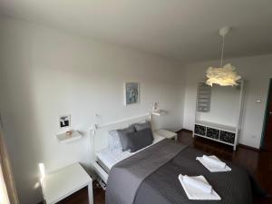 Stylish Youthful Condo in the Heart of Mödling, Fiatalos Boldog Otthon Mödling Szivébenにあるベッド