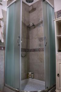 La salle de bains est pourvue d'une douche avec une porte en verre. dans l'établissement Cacciatrici di orizzonti casa vacanze, à Lanuvio