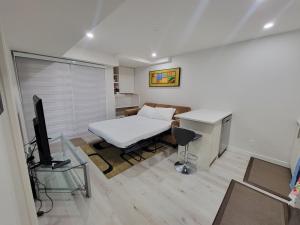 a living room with a bed and a television at Walkout Basement Suite in Calgary