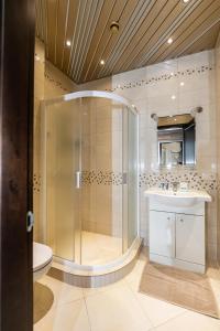 a bathroom with a shower and a sink and a toilet at Mežnoras holiday house in Šņores