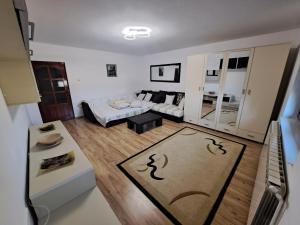 een woonkamer met een bank en een tafel bij Penthouse Daniela in Târgu-Mureş