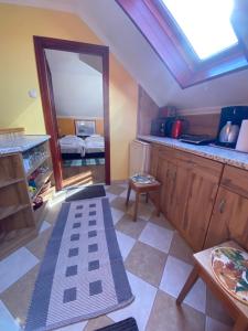 ハイドゥソボスローにあるApartman Dóraの鏡付きのキッチン、カウンターが備わる客室です。