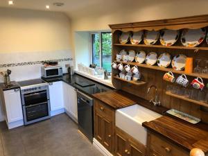 a large kitchen with wooden cabinets and a sink at Woodside Steading in Huntly