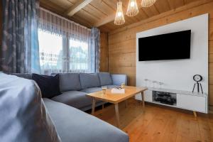 a living room with a couch and a tv and a table at tatra wooden apartment in Ratułów
