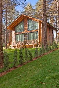 a log cabin in the woods with a large window at Harmony Green Village Resort in Mahmudiye