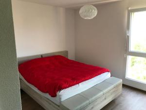 ein Schlafzimmer mit einem Bett mit einer roten Decke in der Unterkunft Appartement haut standing 