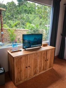 a television on a wooden cabinet in front of a window at PONDOK KUNGKANG VILLA 2 in Ubud