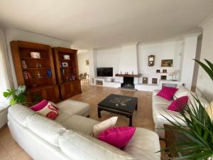 Casa Villa Jarocha في Recas: غرفة معيشة مع أريكة بيضاء ووسائد وردية