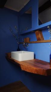 a bathroom with a white sink on a blue wall at altes Schäferhaus in Mainleus