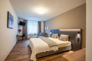 a hotel room with a bed and a desk at Hotel Alpina in Schiers