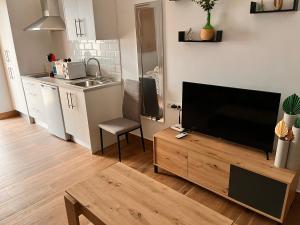 sala de estar con TV de pantalla plana y cocina en Apartamentos El PELIGRO 3 LA CUEVA en Archidona