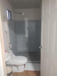 a bathroom with a white toilet and a shower at Villas El Alto 1 in Tambor
