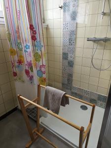 y baño con ducha y cortina de ducha. en LE GITE DE BRI en Orbey