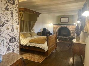 ベラックにあるMoon River Bellac Chambre d'hotesのベッドルーム(ベッド1台、暖炉付)