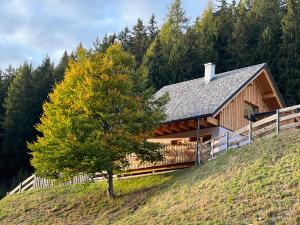 una casa de madera en una colina con un árbol en Reiterbauer Chalet, 