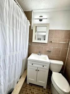 a bathroom with a toilet and a sink and a mirror at 2 Q Studio Apt With Shared Pool 03 in Clearwater