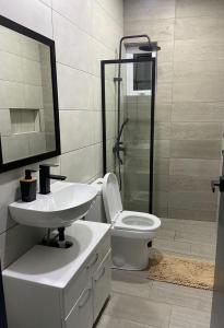 ein Bad mit einem WC, einem Waschbecken und einer Dusche in der Unterkunft Paraguana Inn in Noord