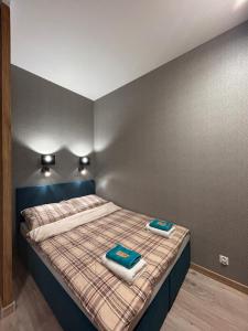 a bedroom with a bed with two towels on it at BoleslaviaApartments - Apartament Simon 2, Center, air conditioning in Bolesławiec