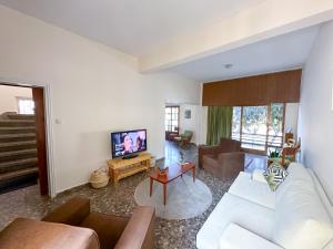 a living room with a couch and a tv at Varosha View House 