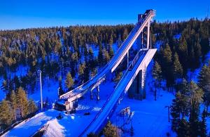 a train on a bridge in the snow at Taljatie Apartments in Rovaniemi