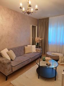 - un salon avec un canapé et une table dans l'établissement Herăstrău Apartament 2, à Bucarest