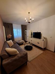 Il comprend un salon doté d'un canapé et d'une télévision à écran plat. dans l'établissement Herăstrău Apartament 2, à Bucarest