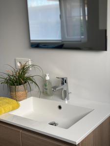 a white sink in a bathroom with a mirror at Die huis 14-Een oase van rust tussen polders en kust in Ostend