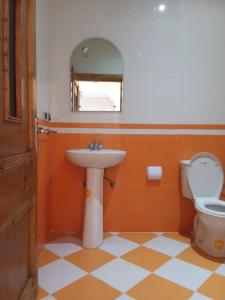 ein Badezimmer mit einem Waschbecken, einem WC und einem Spiegel in der Unterkunft Kasbah lagzira in Sidi Borja