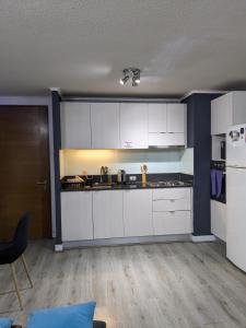 una cucina con armadi bianchi e parete blu di Habitación amplia en Santiago c3ntro a Santiago