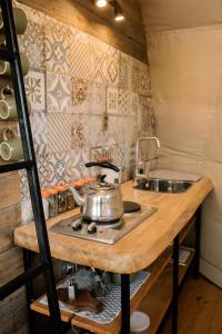 a tea kettle on a stove in a tiny kitchen at Agroglamping REFUGIO LIWKURA in Caburgua