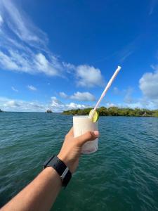 Tintipan Hotel في Tintipan Island: يد مسكة مشروب مع ليمون على الماء