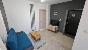 ein Wohnzimmer mit einer blauen Couch und einem Fernseher in der Unterkunft Pomiculturii Residence 1 in Timişoara