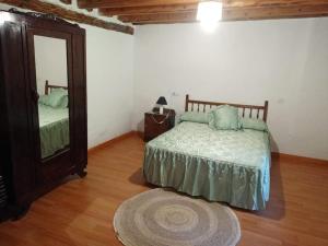 1 dormitorio con 2 camas, espejo y alfombra en La Majada del Puente, en El Royo