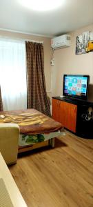 een woonkamer met een bank en een tv in een kamer bij Gagarina Naberegnaya in Dnipro