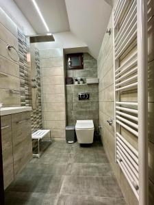 uma casa de banho com um WC e um lavatório em Lagos Apartment em Elati