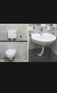 two pictures of a bathroom with a toilet and a sink at HOTEL THE VILLA in Bhopal