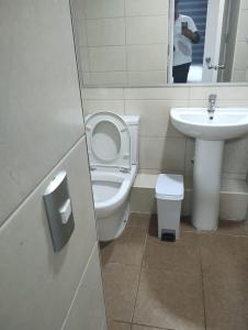 a bathroom with a toilet and a sink and a mirror at Gamero a Pasos de Metro Hospitales in Santiago